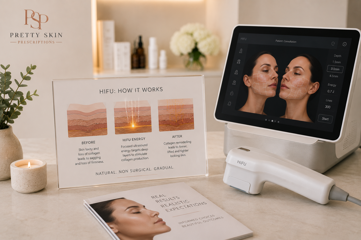 Practitioner explaining HIFU skin tightening treatment and realistic expectations during a personalised consultation at Pretty Skin Prescriptions.