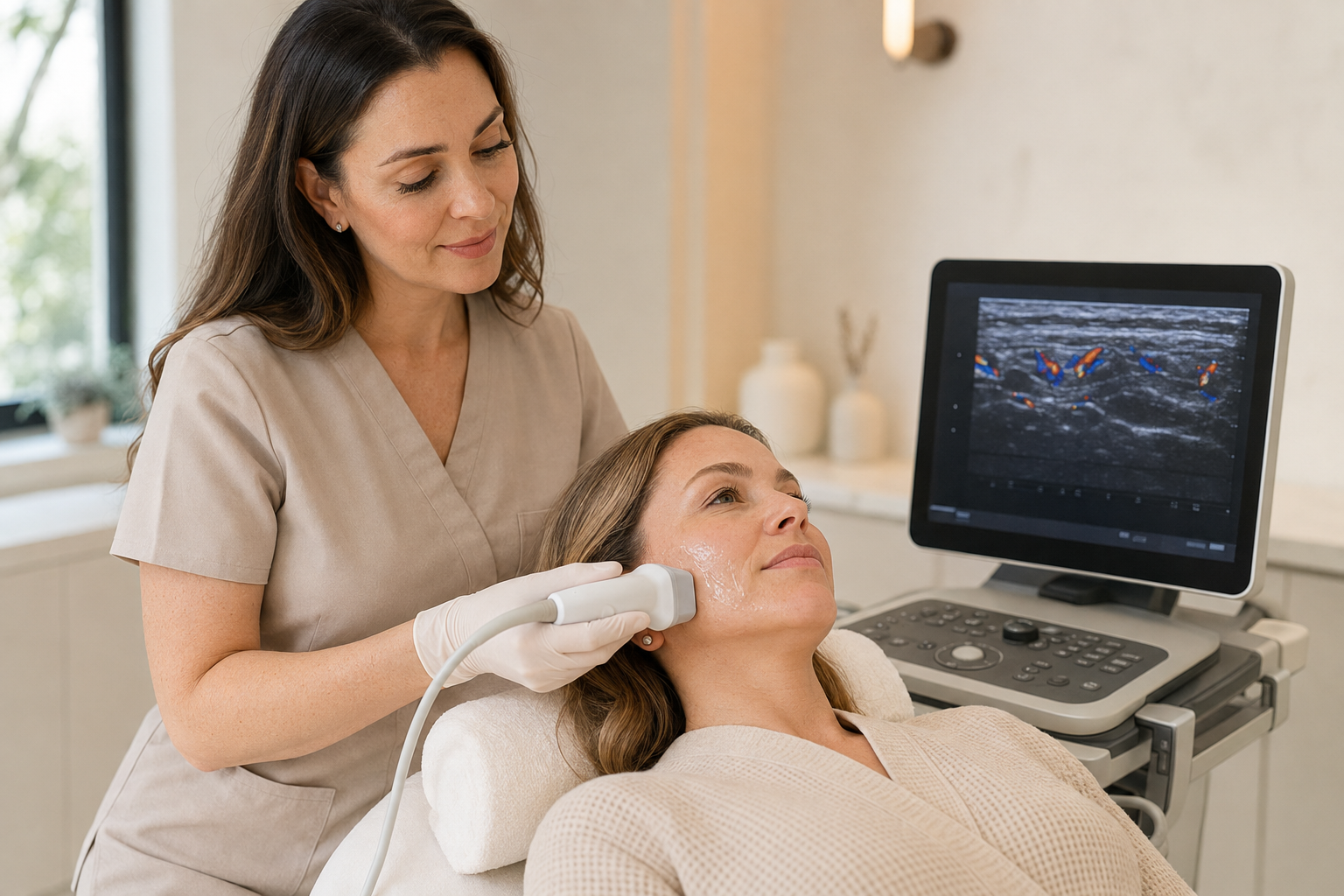 Practitioner using a high-frequency ultrasound device during a facial aesthetics consultation